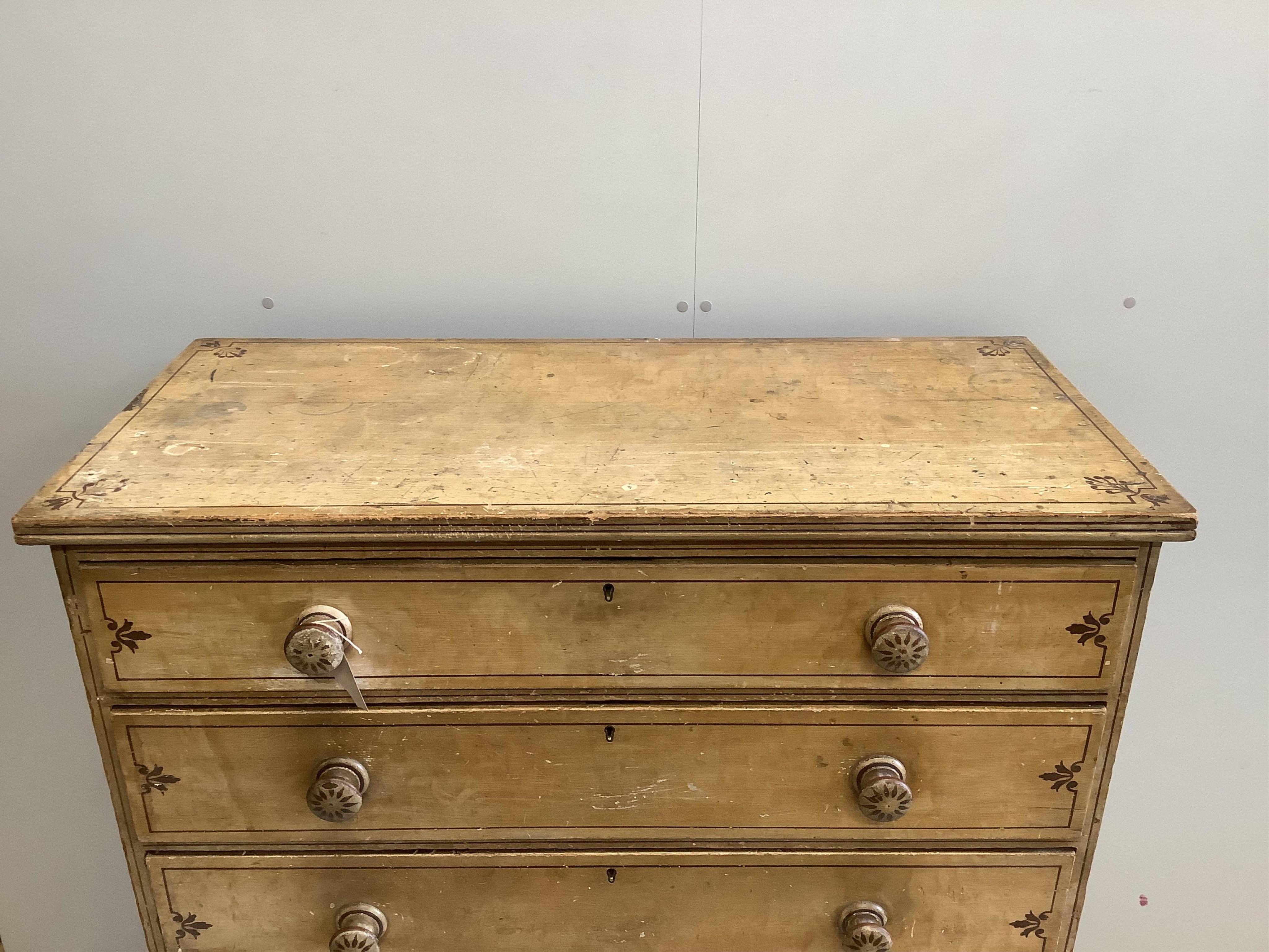 An early 19th century pine five drawer chest with original painted decoration, width 109cm, depth 51cm, height 129cm. Condition - fair